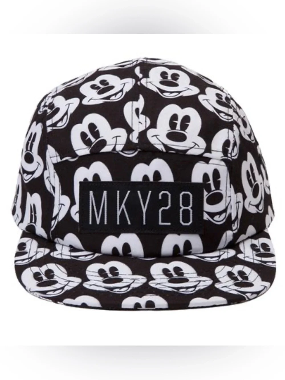 MKY28 Mickey Mouse Black White Allover Print 5-Panel Snapback Hat Disney